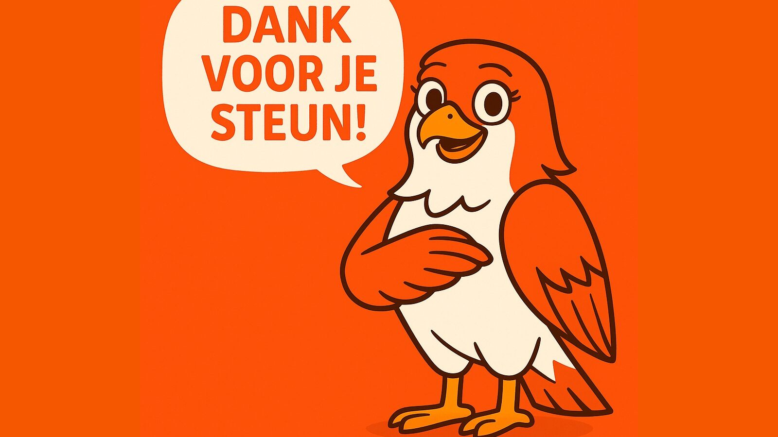 Cartoon illustratie van de Nunspeetse Buizerd, een vrolijke roofvogelmascotte in oranje tinten, met een tekstballon met de woorden 'Dank voor je steun!'