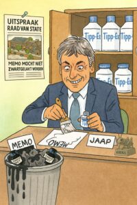 Cartoon wethouder Jaap Groothuis lakt memo wit met Tipp-Ex na uitspraak Raad van State over zwartgelakt memo Nunspeet