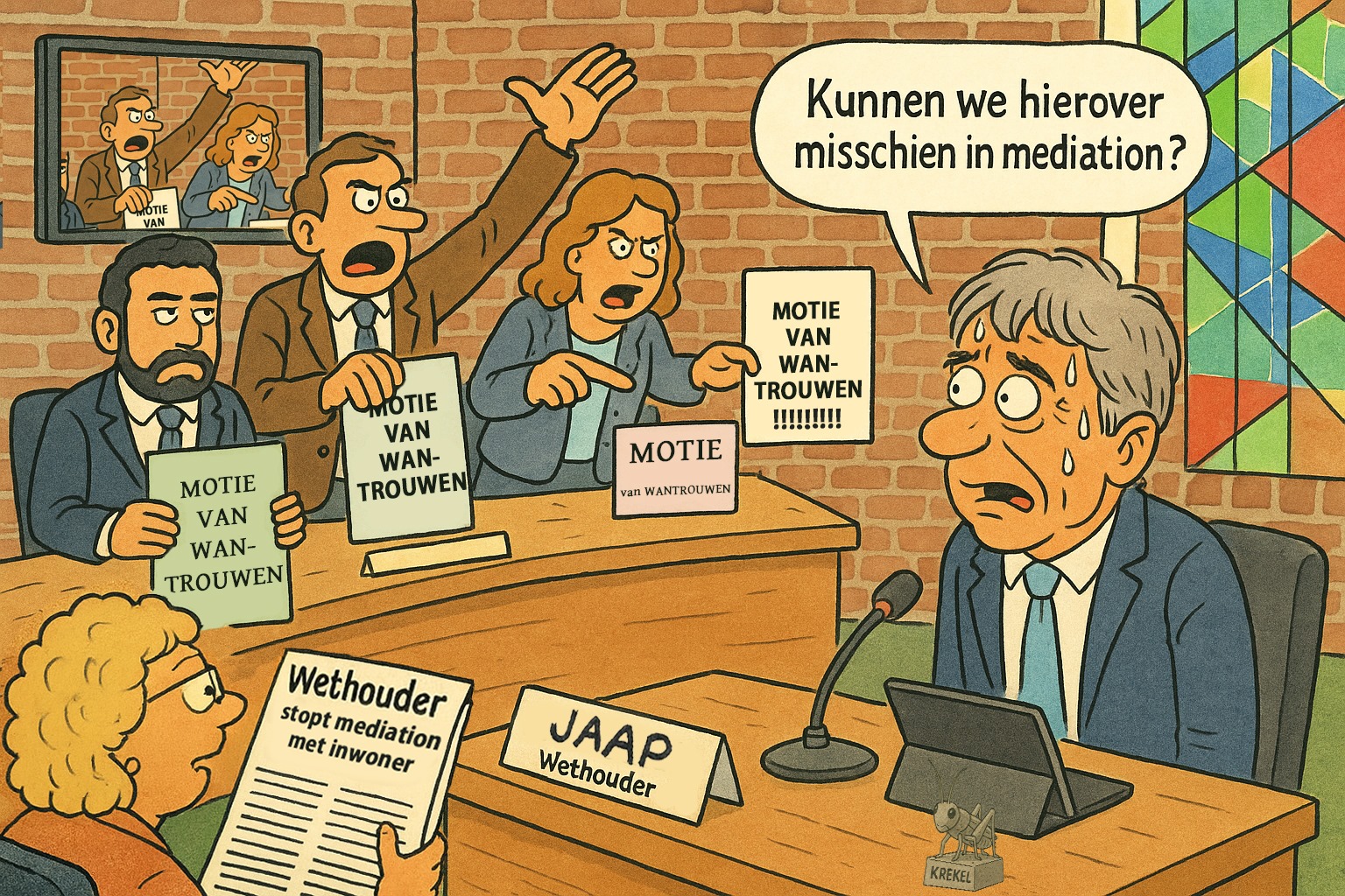 Raadsrakkertje van de Week: Wethouder weigert mediation Nunspeet Cartoon van wethouder die zwetend aan tafel zit terwijl boze raadsleden met moties van wantrouwen zwaaien en wethouder vraagt of ze hierover in mediation kunnen