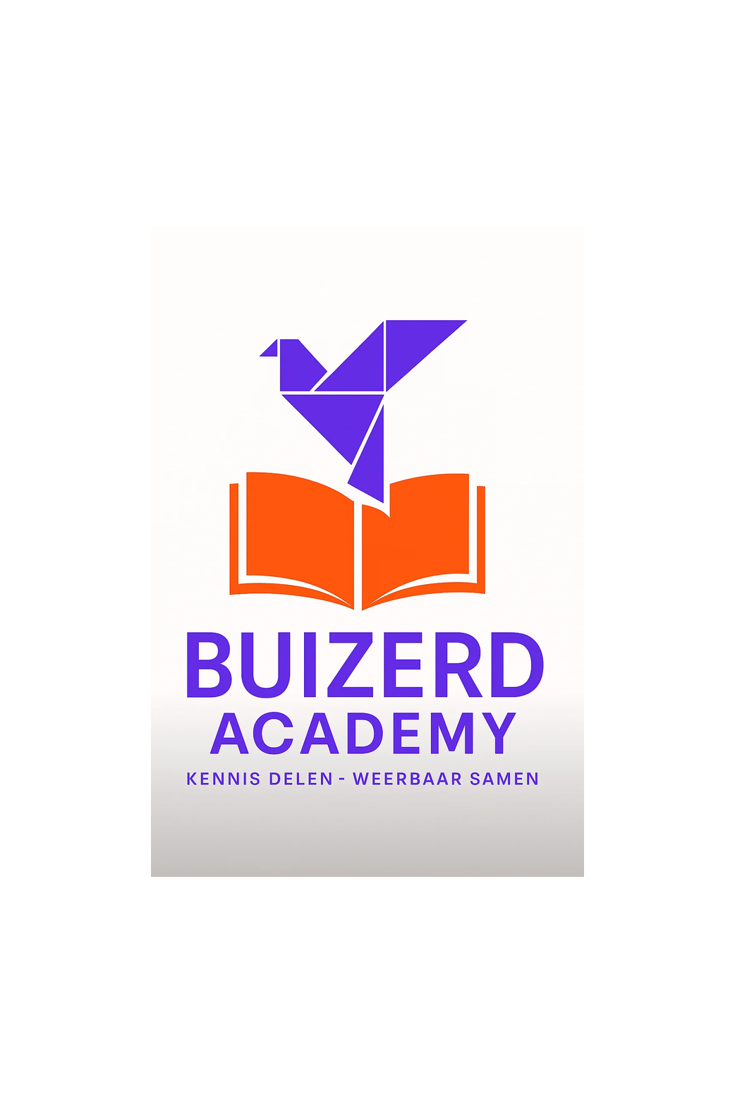 Logo Buizerd Academy Nunspeet Logo Buizerd Academy met geometrische paarse vogel boven oranje open boek en tekst kennis delen weerbaar samen