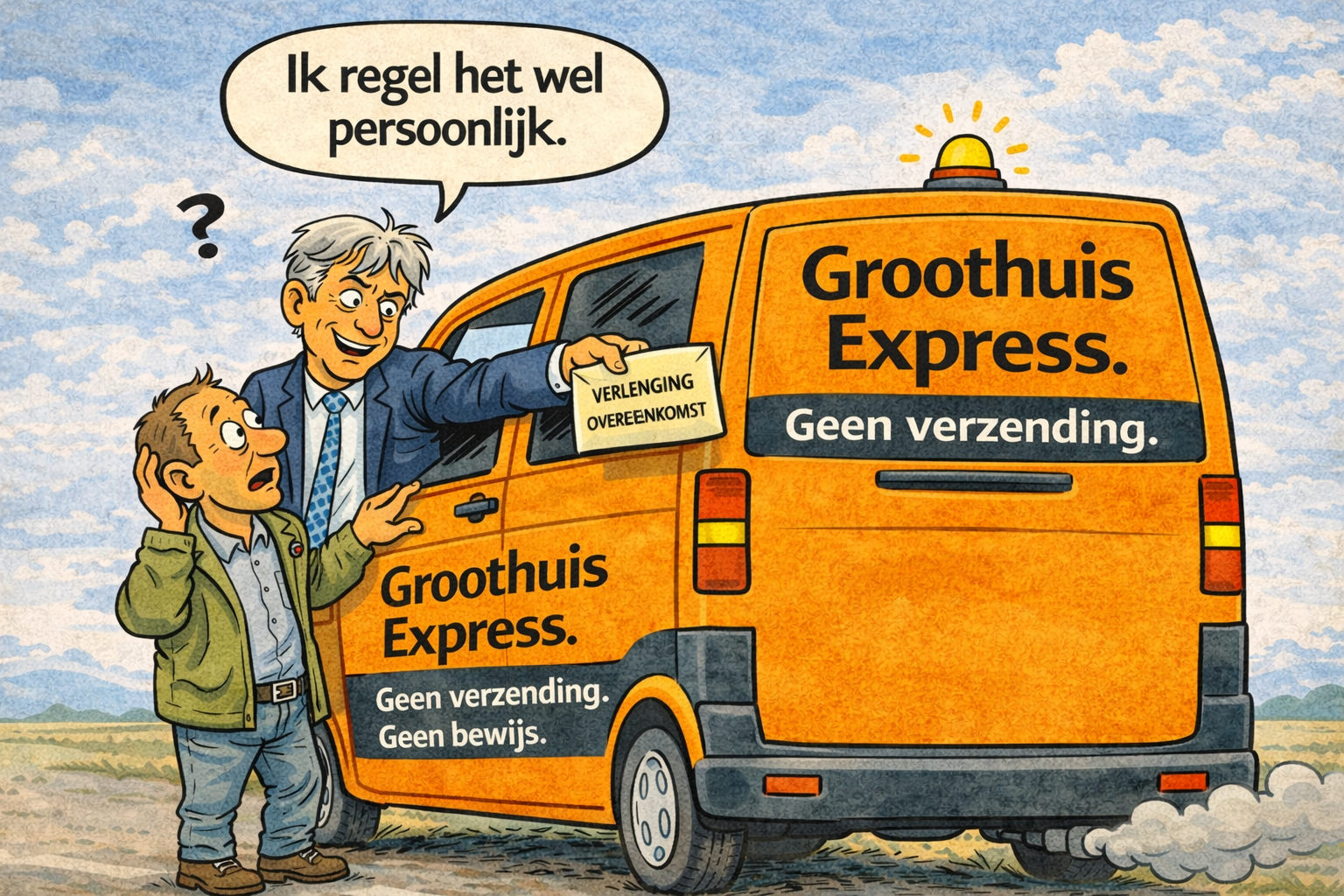 Cartoon van wethouder Groothuis die vanuit een oranje bestelbus een verlengingsovereenkomst overhandigt aan een verbaasde man, met de tekst 'Groothuis Express: geen verzending, geen bewijs'