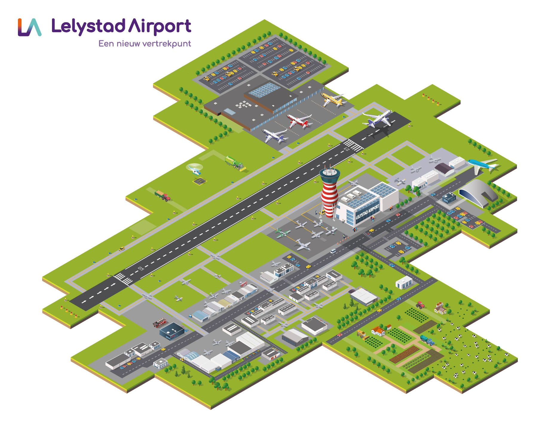 Isometrische plattegrond Lelystad Airport Isometrische illustratie van Lelystad Airport met de startbaan, verkeerstoren, terminal en omliggende infrastructuur
